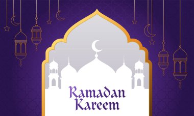 Cami silüeti ve Arap süsüyle Ramazan Kareem 'in vektör çizimi. Tebrik kartı, pankart ve poster şablonu için uygun tasarım ögesi.