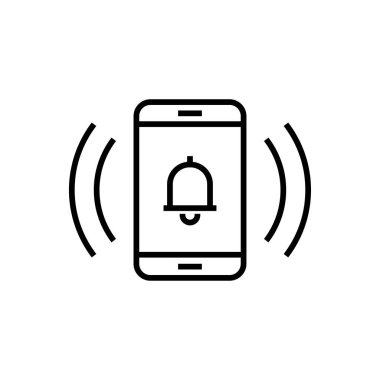 Akıllı telefon uyarı simgesini ana hatlarıyla çalan vektör illüstrasyonu. Akıllı telefon bildirimi, çalan cep telefonu ve titreşimli telefon göstergesi tasarımı için uygun.