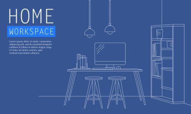 Ev çalışma alanının ana hatlarıyla illüstrasyonu. Ev ve ev ofisinden tasarım için uygun. Serbest İşlemci arkaplanı için masaüstü çalışma alanı.