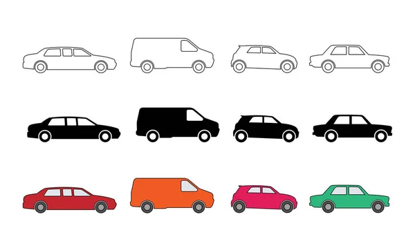 Vista Lateral Colección Icono Coche Estilo Esquema Varios Símbolo Coche — Vector de stock