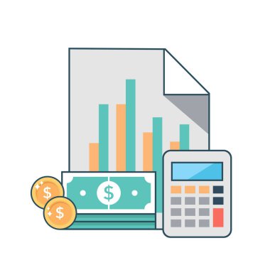 Flat vector illustration of calculator, money, and paper report. Suitable for design element of accounting and finance illustration.