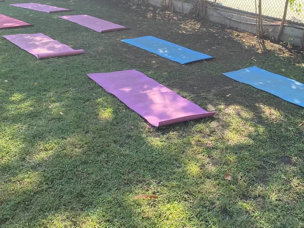 yoga Mat on the grass. Mat for yoga, Pilates or fitness. Mat without people.