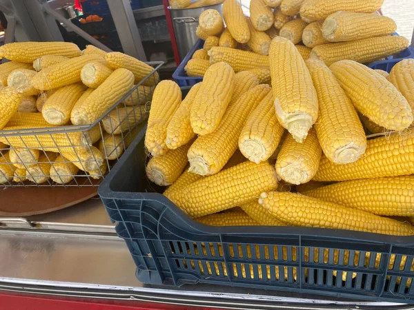 Yellow Corn Which Cooked Big Boiler Open Flame Street Food — Stock Photo, Image