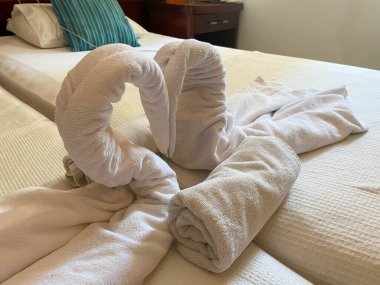 yatakta havlu süsleme dan kuğular ile yatak odası iç tasarım.