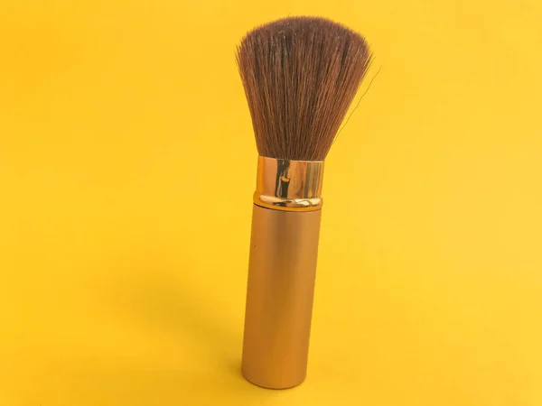 Fluffy Brush Natural Bristles Yellow Matte Background Powder Tool Soft — Stock Photo, Image