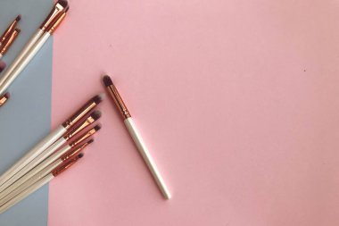 Pembe ve mavi arka planda makyaj fırçaları. Yüze doku uygulamak için bir dizi fırça. Göz kalemi sürmek için fırçalar, ruj, parlatıcı, gölgeler, tonal araçlar, pudra. mükemmel yüz.