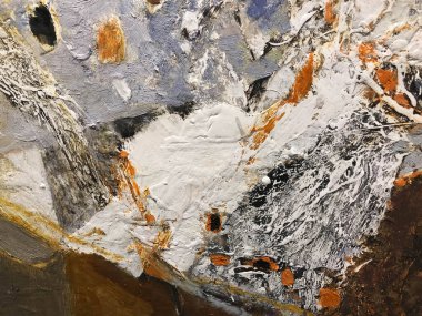 Busy background abstract pattern and texture. Multi coloured acrylic and emulsion paint randomly applied and layered on canvas. Swirls and splashes of subtle pastel shades, pink, yellow, blue, green.