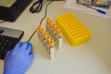 Tıp doktoru çalışma ve bilgisayarda fare kullanma.