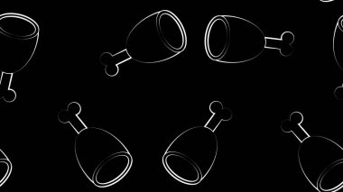 İştah açıcı bir parça pembe et, siyah bir zemin üzerinde hacim hatları olan bir kemik üzerinde. Vektör illüstrasyonu, model. Gıda ile siyah beyaz çizim.