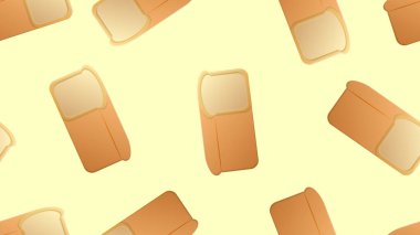 Sarı arka planda ekmek. Vektör illüstrasyonu, model. Bir somun ekmek, pastane dekorasyonu için çizim, kafeler, duvar kağıtları. Vejetaryen yemeği, glütensiz.