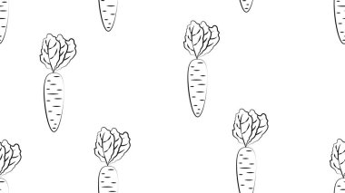 Beyaz arka planda havuç, vektör çizimi, desen. parlak, turuncu, uzun havuç yemyeşil kuyruklu, sebze hasadı. siyah ve beyaz illüstrasyon, geriye dönük biçim.