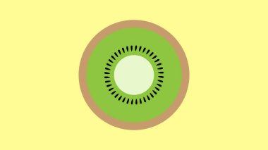 Beyaz arka planda bir dilim kivi. Vektör çizimi. Çekirdekli meyve kesimi. Siyah kabuklu yeşil kivi dilimi..