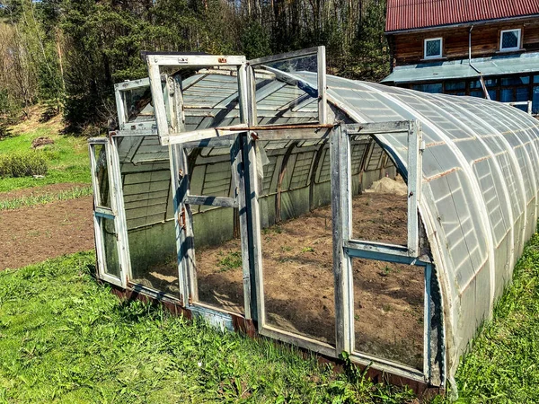 homemade greenhouse in the garden of summer residents. do-it-yourself farming. greenhouse from old windows and doors. warming house plants and vegetables. in the greenhouse the window and the door are open.