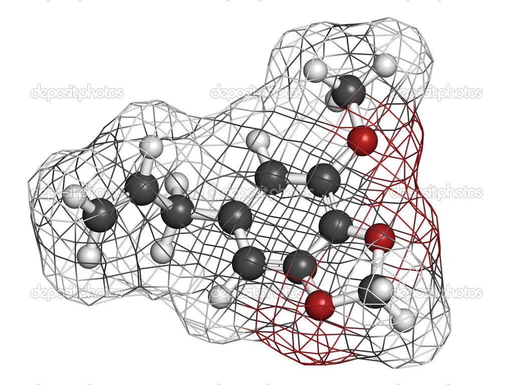 Myristicin nutmeg psychoactive component, molecular model — Stock Photo