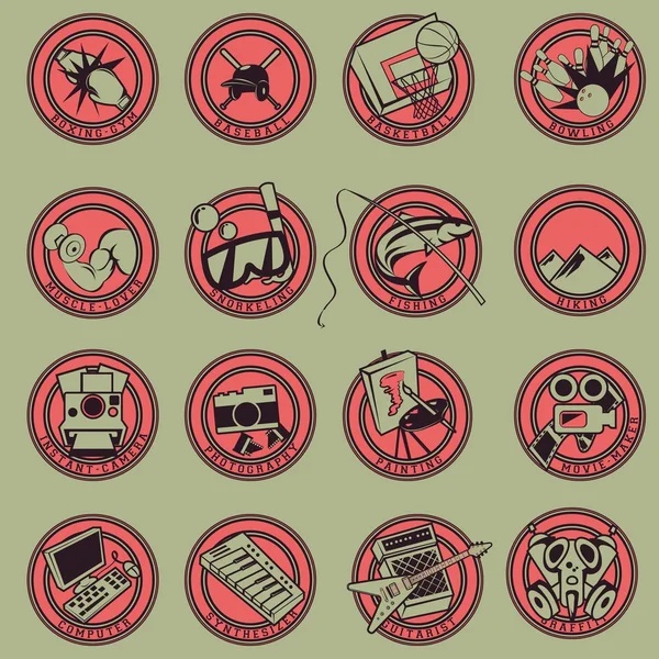 15 hobby icon set stile retrò — Vettoriale Stock