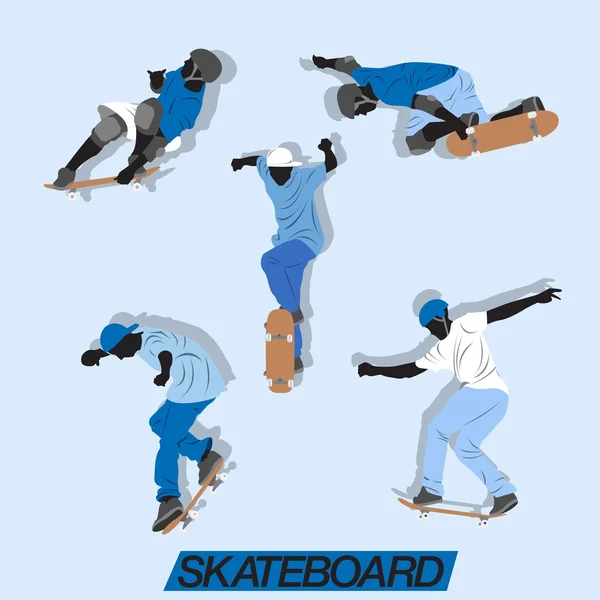 Massor av skateboard action med blå stil färg — Stock vektor