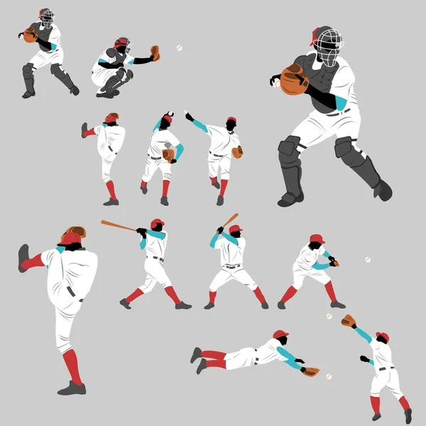 Juego de acción de béisbol home run mucha pose y acción de posición — Archivo Imágenes Vectoriales