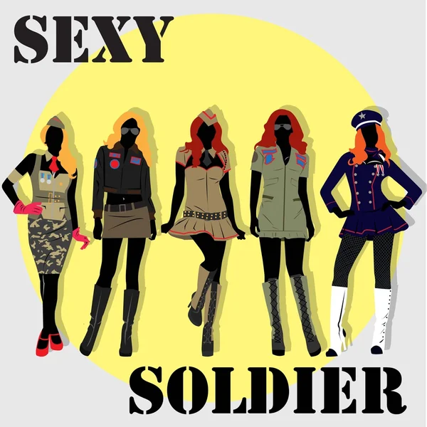 五个性感士兵穿着性感制服和已准备好让你来 — 图库矢量图片#