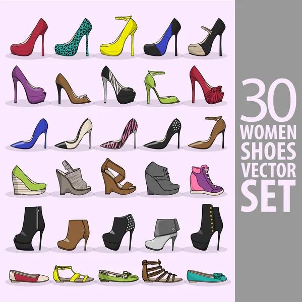 30 zapatos de las mujeres conjunto de vectores — Vector de stock