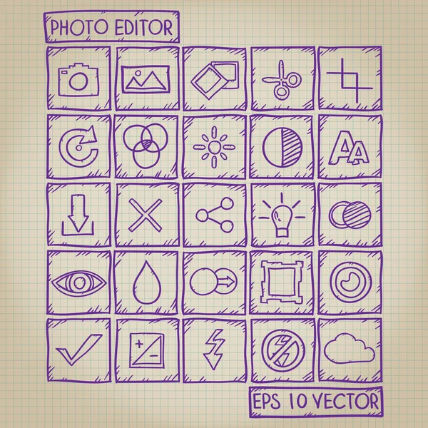 Photo editor Icon set doodle — Stok Vektör