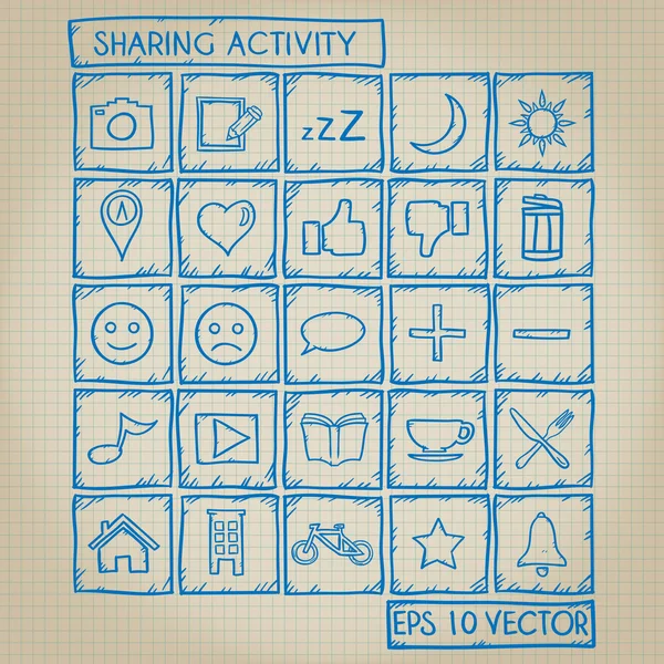 Sharing-Aktivität Icon Doodle Set — Stockvektor