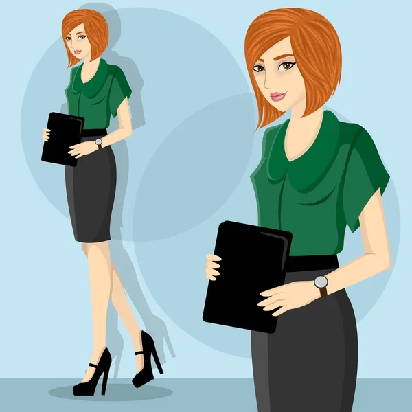 Young and pretty career woman wearing green blouse illustration — Stock Vector