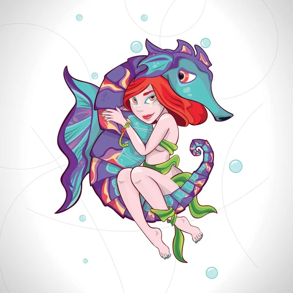 Girl and Sea Horse — Stock Vector