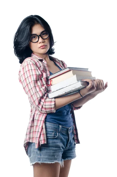 Nerd Asian College Girl com uma pilha de livros — Fotografia de Stock