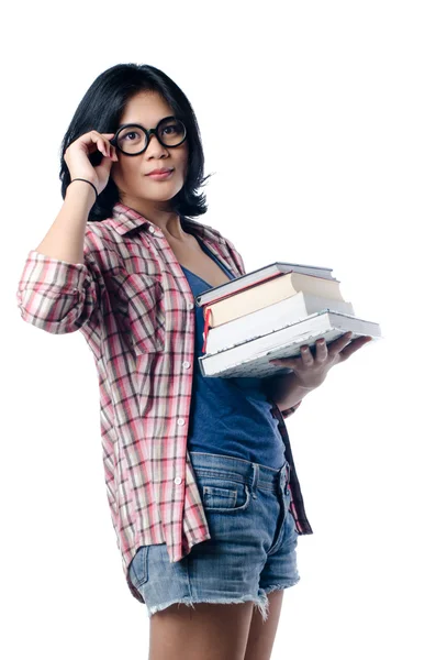 Nerd Asian College Girl com uma pilha de livros — Fotografia de Stock