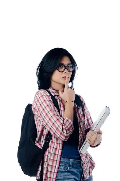 Nerd asiatico college ragazza pensare a qualcosa — Foto Stock