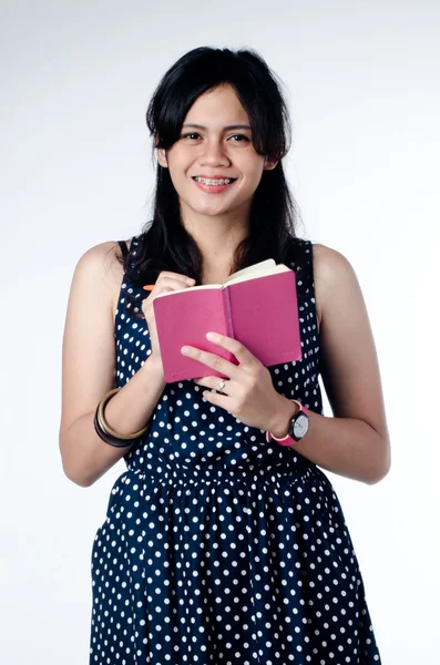 Young Beauty And Smart College Girl With Pink Notebook — Stock Photo, Image