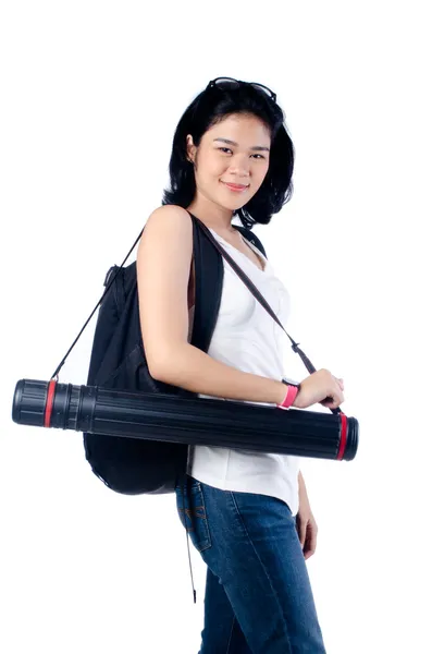 Smart and beauty college girl with blueprint tube carrier — Stock Photo, Image