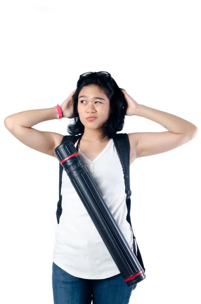 Stressed college girl with backpack and blueprint carrier — Stock Photo, Image