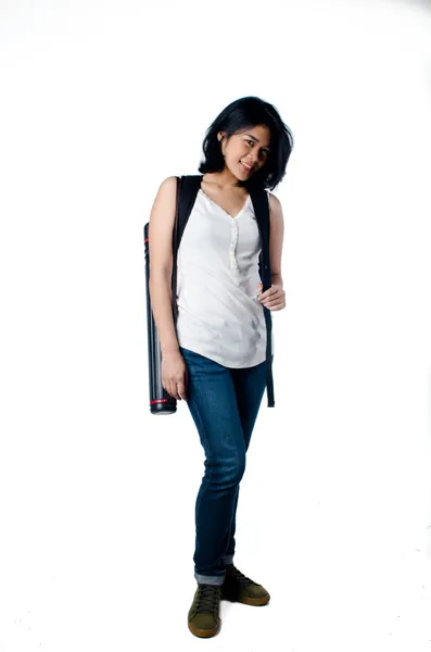Menina da faculdade inteligente e beleza com suporte de tubo blueprint — Fotografia de Stock