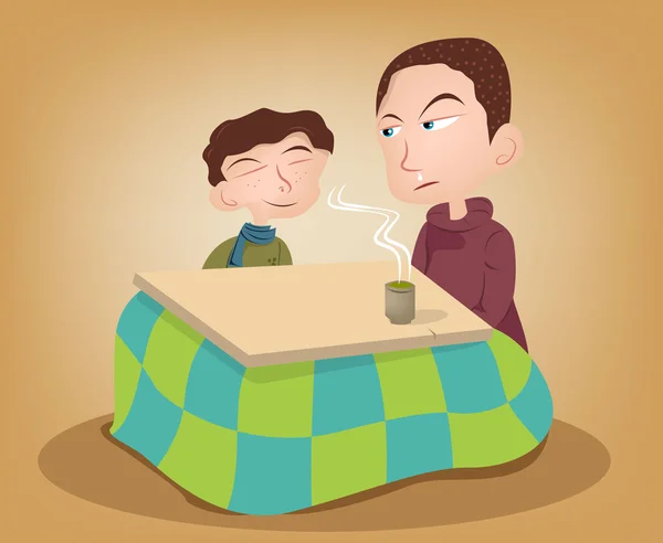 Two brother enjoying the kotatsu with hot green tea — Stock Vector