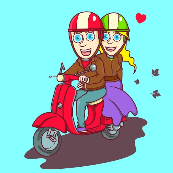Bella coppia cavalcando uno scooter rosso — Vettoriale Stock