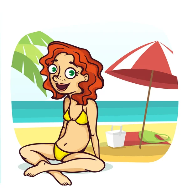 Süße Strandmädchen tragen gelben Bikini — Stockvektor