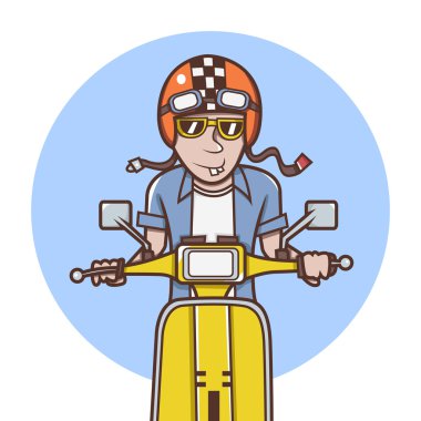 adam sarı bir scooter sürme turuncu kask ile