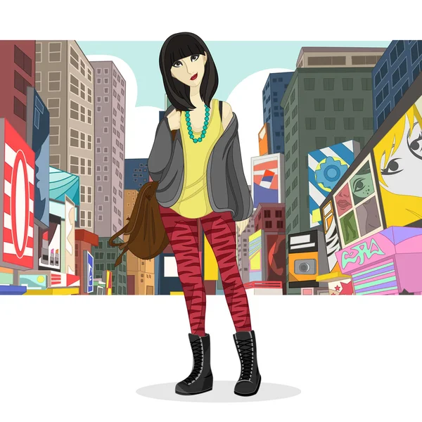 Duże miasto dziewczynka ilustracja moda styl — Zdjęcie stockowe