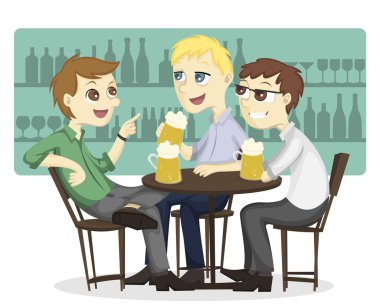 Üç erkek çalışan bir bar bira içme keyfini illüstrasyon