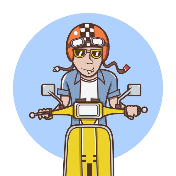 乗馬は黄色のスクーターの図は、オレンジ色のヘルメットを持つ男 — ストック写真