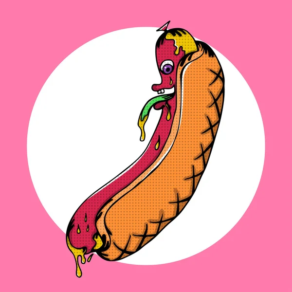 Walgelijk hotdog monster met mosterd illustratie — Stockfoto