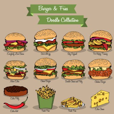 Hamburger ve patates kızartması Collection Doodle