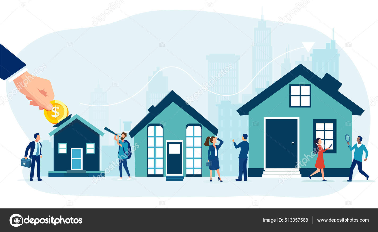 Concepto Mercado Inmobiliario Vector Compradores Casa Vendedores Banqueros  Que Ofrecen Vector de stock #513057568 de ©Feodora52, image size:1600x984