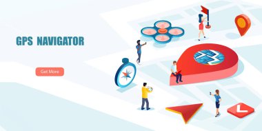 Isometric vektör iniş sayfası GPS navigasyon veya izleme sistemi destek kavramı