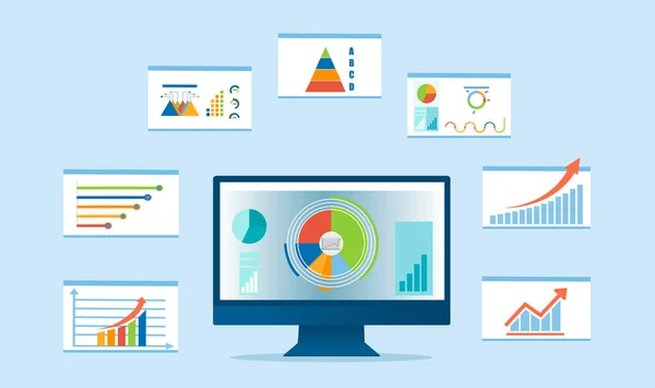 Vetor Computador Desktop Com Múltiplos Gráficos Financeiros Diagramas Gráficos —  Vetores de Stock