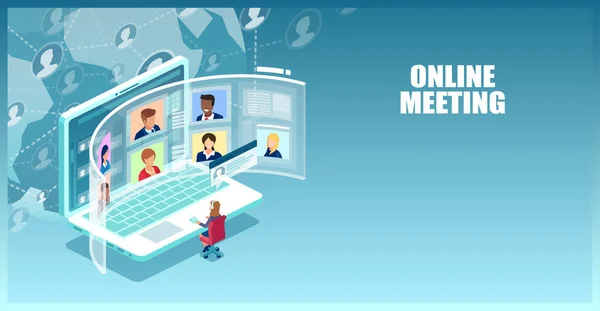 Διάνυσμα Των Επιχειρηματιών Που Χρησιμοποιούν Σελίδα Online Meeting Workspace Πλατφόρμα — Διανυσματικό Αρχείο