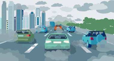 Ağır ulaşım trafiği ve hava kirliliği kavramı. Karbondioksit bulutlu bir otoyolda araba taşıyıcısı