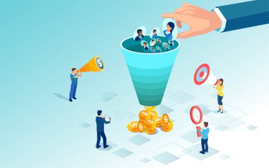 Müşteri verilerini paraya çevirmek için satış hunisi kullanan bir pazarlama ekibinin vektörü 