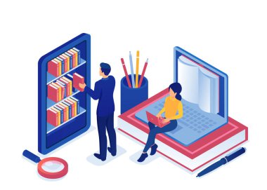 İnternet eğitim kaynaklarını kullanan bir erkek ve kadının vektörü, çevrimiçi kütüphane 